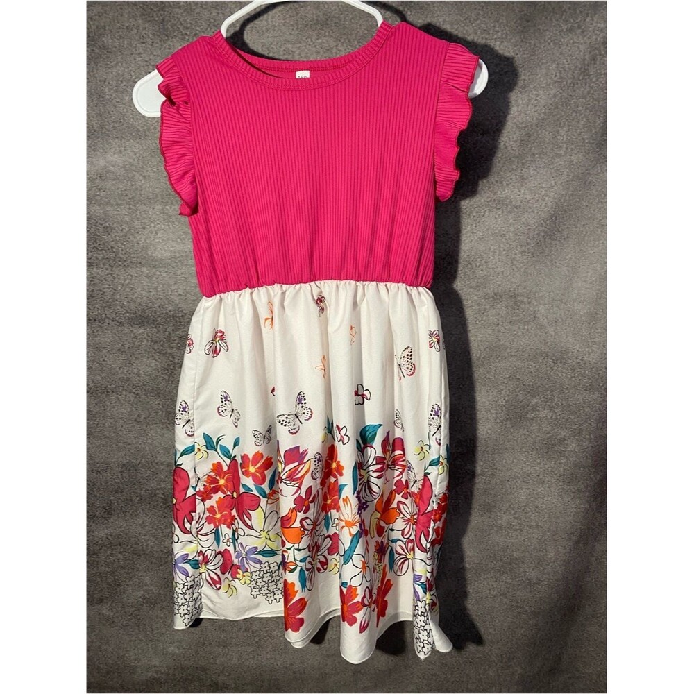 Girls Pink & White Floral Butterfly Dress SZ 12/14 Large Unbranded